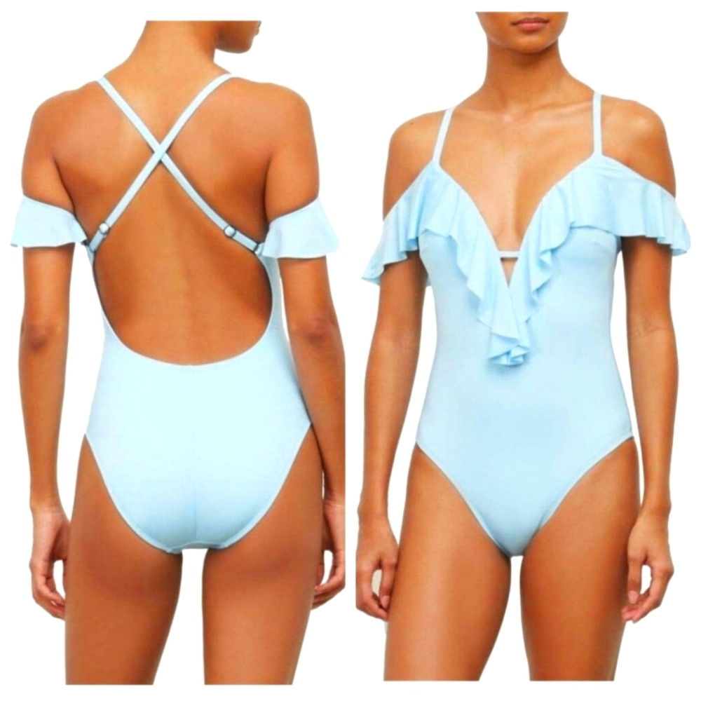 Reaction Kenneth Cole Light Blue Ruffle One-Piece Swimsuit - NWT